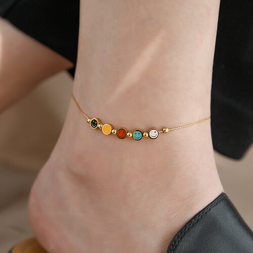 Colorful smiley face anklet for women  new trendy 18k gold high-end anklet summer sexy extended titanium steel does not fade