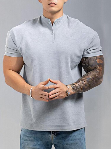 Summer New Simple Solid Color Chinese Style POLO Henry Collar Sports Casual Breathable Fitness Short Sleeve T-Shirt for Men