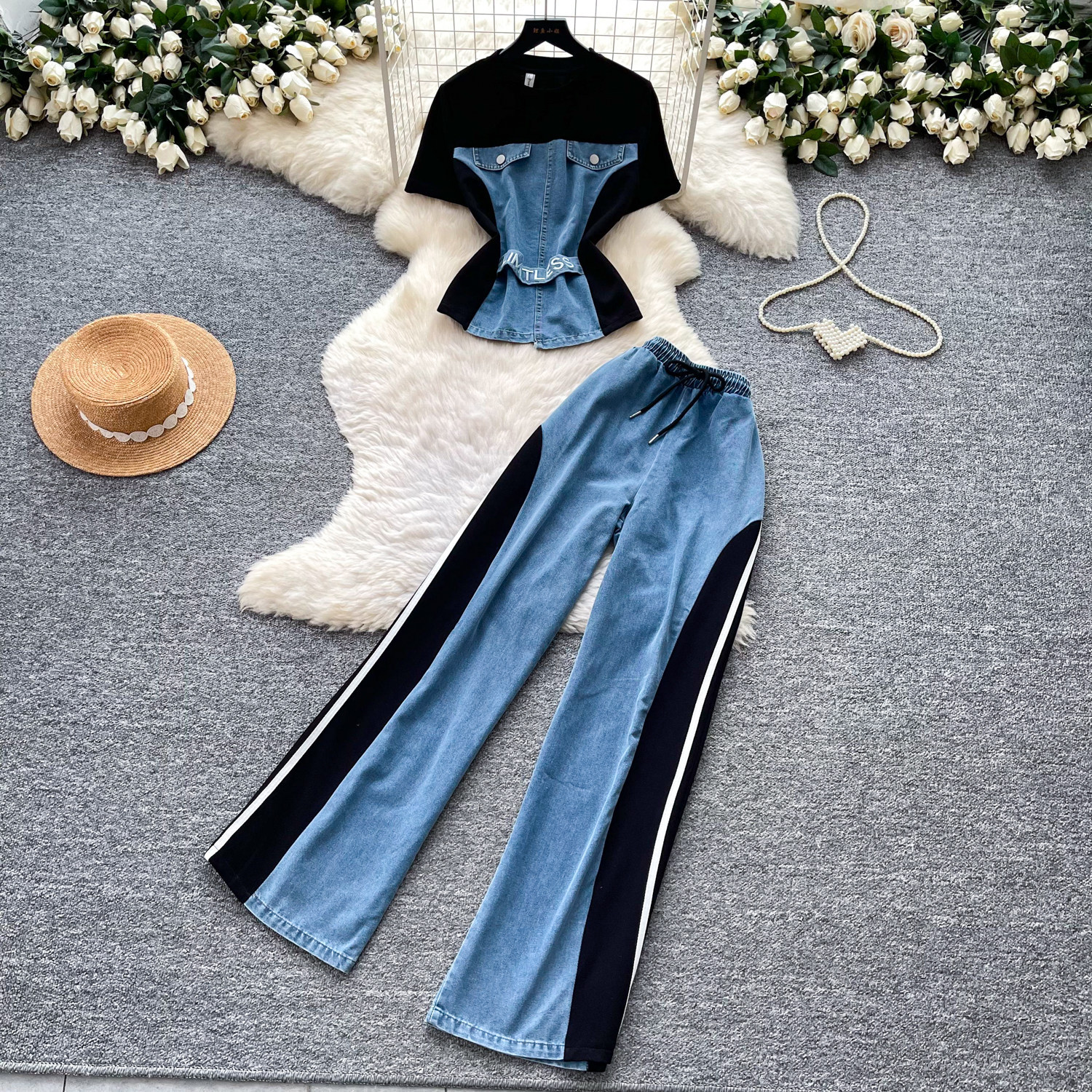 Retro Patchwork Denim Set for Women Short Sleeved Hong Kong Style Summer Casual Straight Leg Pants Two Piece Slimming Outfit_ecoleips.com