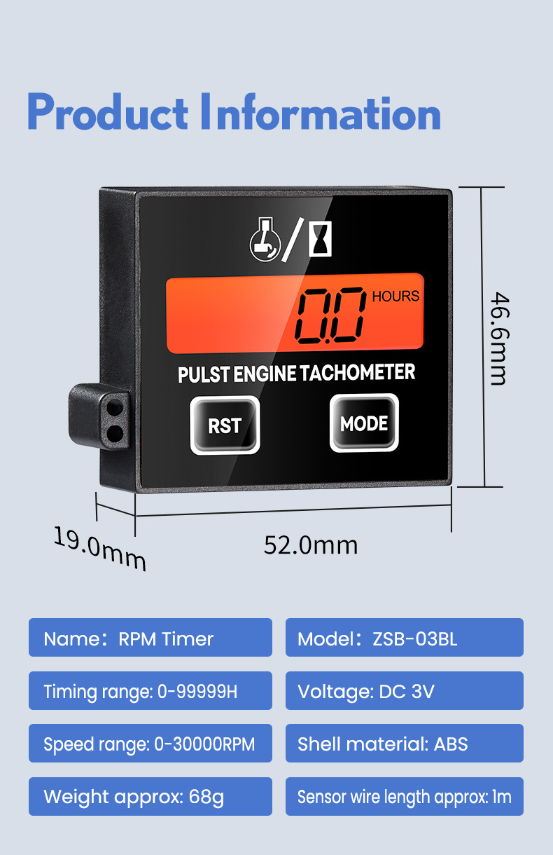 Inductive digital display tachometer for 2-stroke and 4-stroke engines, lawn mower oil accumulation timer tachometer