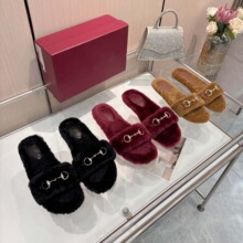 正确版马衔扣毛绒拖鞋女外穿秋冬新款一字拖网红羊羔毛平底毛毛拖