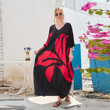 2色跨境新款印花蝙蝠袖长袍宽松大码度假沙滩裙比基尼外罩衫3907