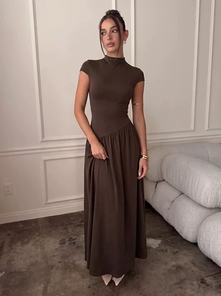 Cross-Border European and American Style Coffee-Colored High-Neck Short-Sleeve Waist-Cinching A-Line Long Dress Casual Commuter Women's Dress