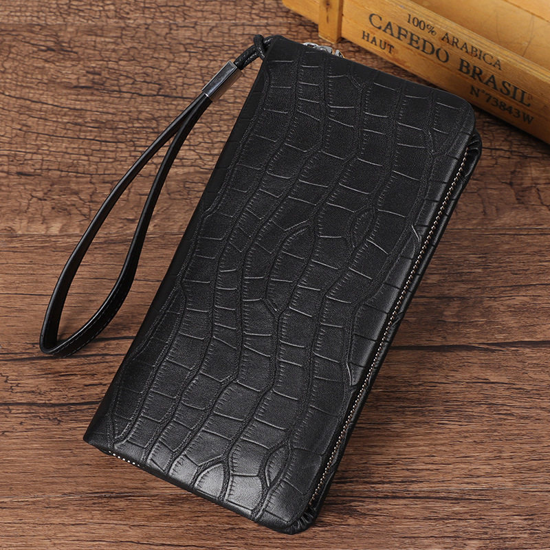 Ví nam dài vân cá sấu da bò thật khóa kéo đôi nhiều ngăn đựng thẻ 21×4,5×11 cm — Màu đen vân cá sấu cỡ nhỏ, Màu đen vân cá sấu cỡ trung