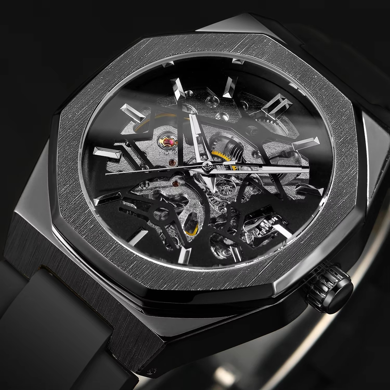 Men's Mechanical Skeleton Watch Silver Automatic Rubber Strap_voghion.com
