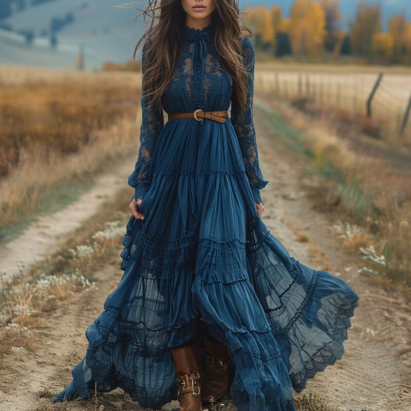 Autumn European and American Size Women's Retro V-Neck Casual Patchwork Long-Sleeve Country-Style Dress