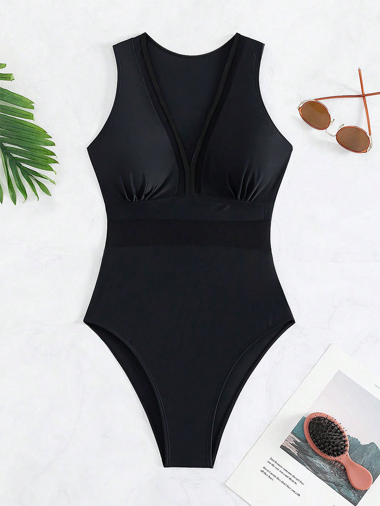 2024 Ny sexig magtäckande enfärgad V-hals bantning Hot Spring One Piece Bikini Baddräkt för kvinnor_voghion.com