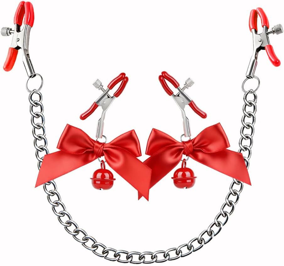 SM Nipple Clamps with Double Bells, Metal Breast Ornament Pair, Black Couple’s Intimate Play Accessory — detail image 1