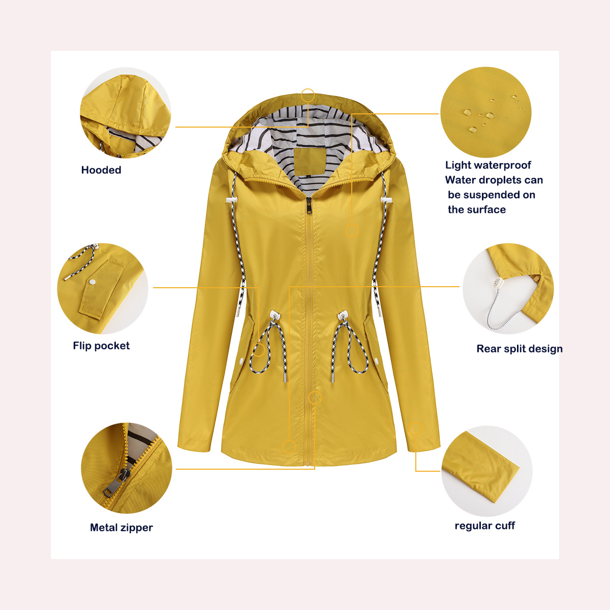 nieuwe lange mouwen anti-spatwater lange windjack dames capuchon gestreepte regenjas cross border plus size dameskleding_voghion.com