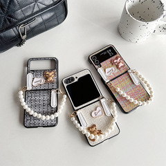 華為P50pocket手機殼翻蓋式摺疊屏適用三星zflip5手提鏈珍珠愛心