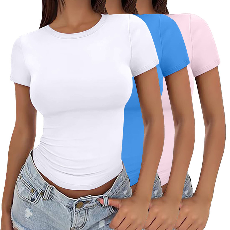 European and American Summer Women's Pullover T-Shirt Hot Girl Outer Wear Slim Top Fashion Round Neck High-End Milk Silk Women's 3 Pieces