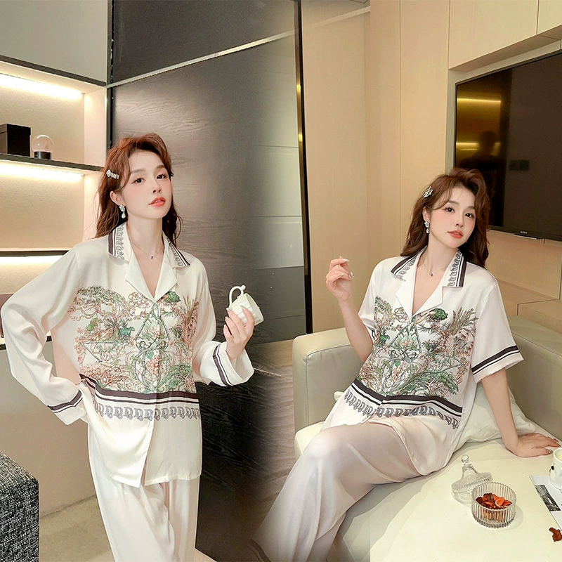 [Век Юрского периода] Высококачественные пижамы, женские весенние новые шелковые креповые костюмы, приятные для кожи, атласные легкие роскошные домашние костюмы