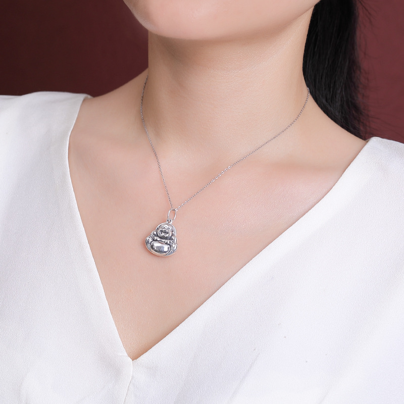 Mặt dây chuyền Phật Di Lặc bạc S999 cổ điển, mặt bóng, phong cách Trung Quốc, nụ cười mở mặt — Mặt dây chuyền đơn (không có dây chuyền)