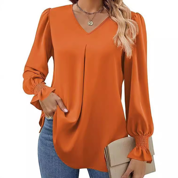 Las mujeres europeas y americanas transfronterizas de Amazon Otoño e Invierno nueva camisa de gasa sólida con cuello en V suéter camisa de manga larga de cuerno