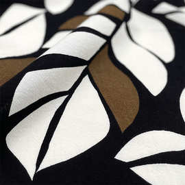 柔软垂坠不透 黑底树叶印花纯亚麻棉麻面料衬衫连衣裙布料
