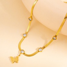 跨境蝴蝶轻奢风项链女设计感高级不掉色毛衣链时尚心形钻钛钢吊坠