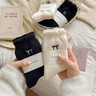 Australian Velvet Socks for Women in Winter Thickeneded Warm Mid-Calf Socks with Bow Embroider Korean Socks Non-Shedding Sleep Socks for Women