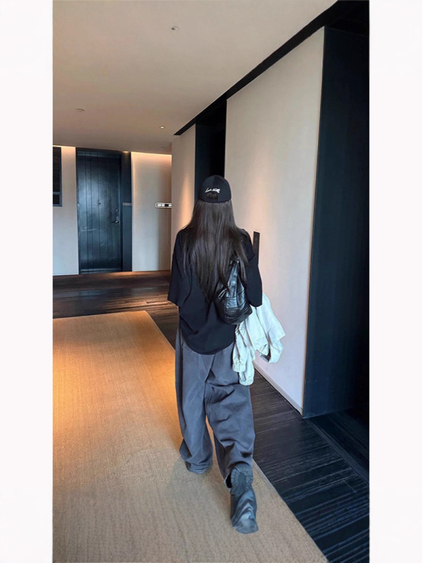 炒色工艺灰色香蕉牛仔裤女宽松显瘦高腰春秋新款阔腿裤休闲长裤|undefined
