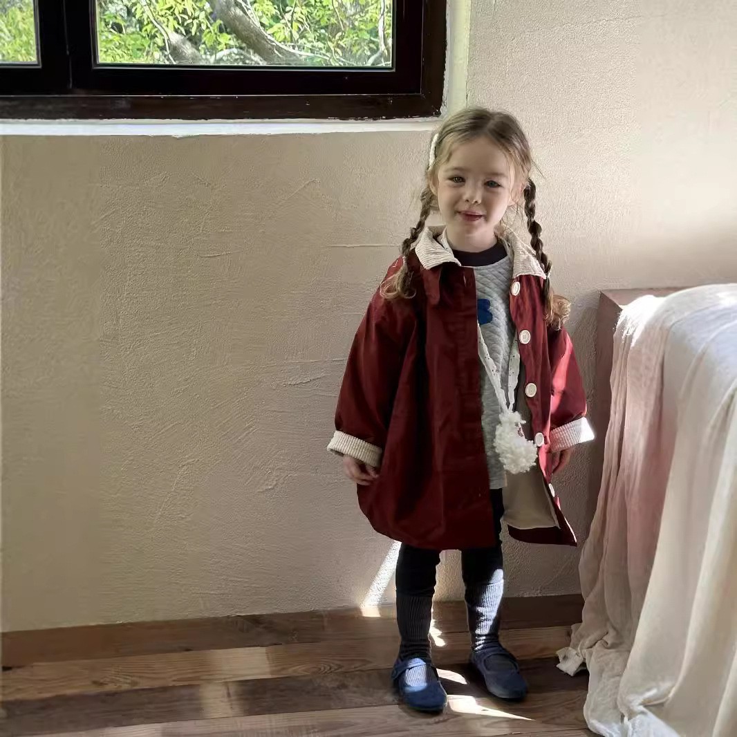 Children's fleece-lined windbreaker coat 2024 autumn and winter new Korean version of boys and girls stitching corduroy cocoon long