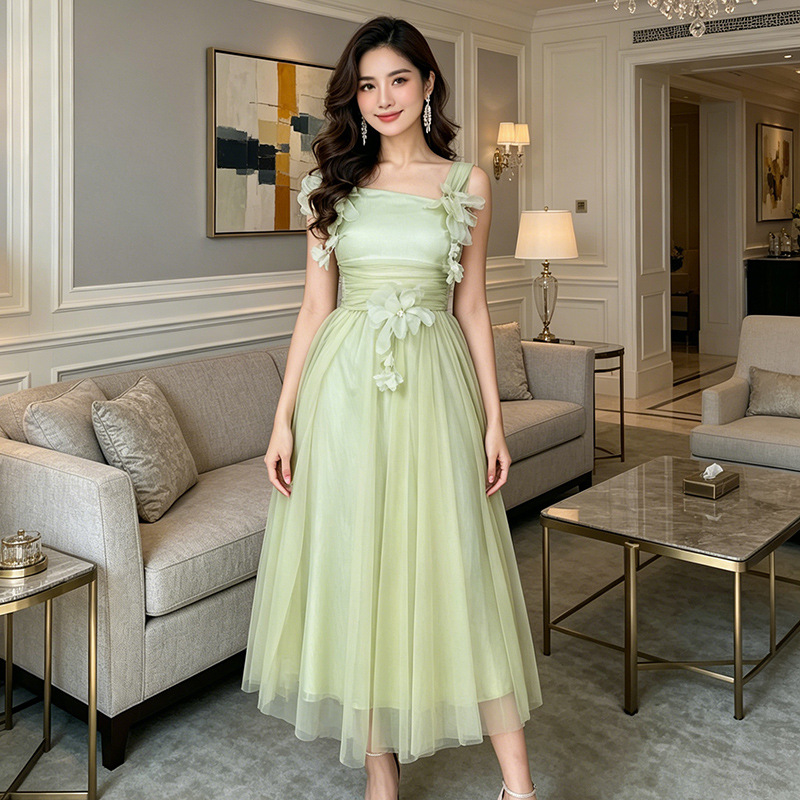 Đầm maxi nữ cổ vuông thắt eo hoa nổi lưới — xanh lá cây chi tiết 2
