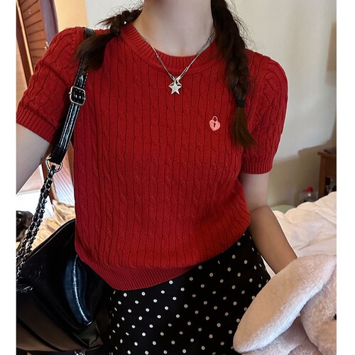 Women's Summer New Slimming and Body-Concealing Casual Yellow Crochet Vintage Short-Sleeve Knit Top