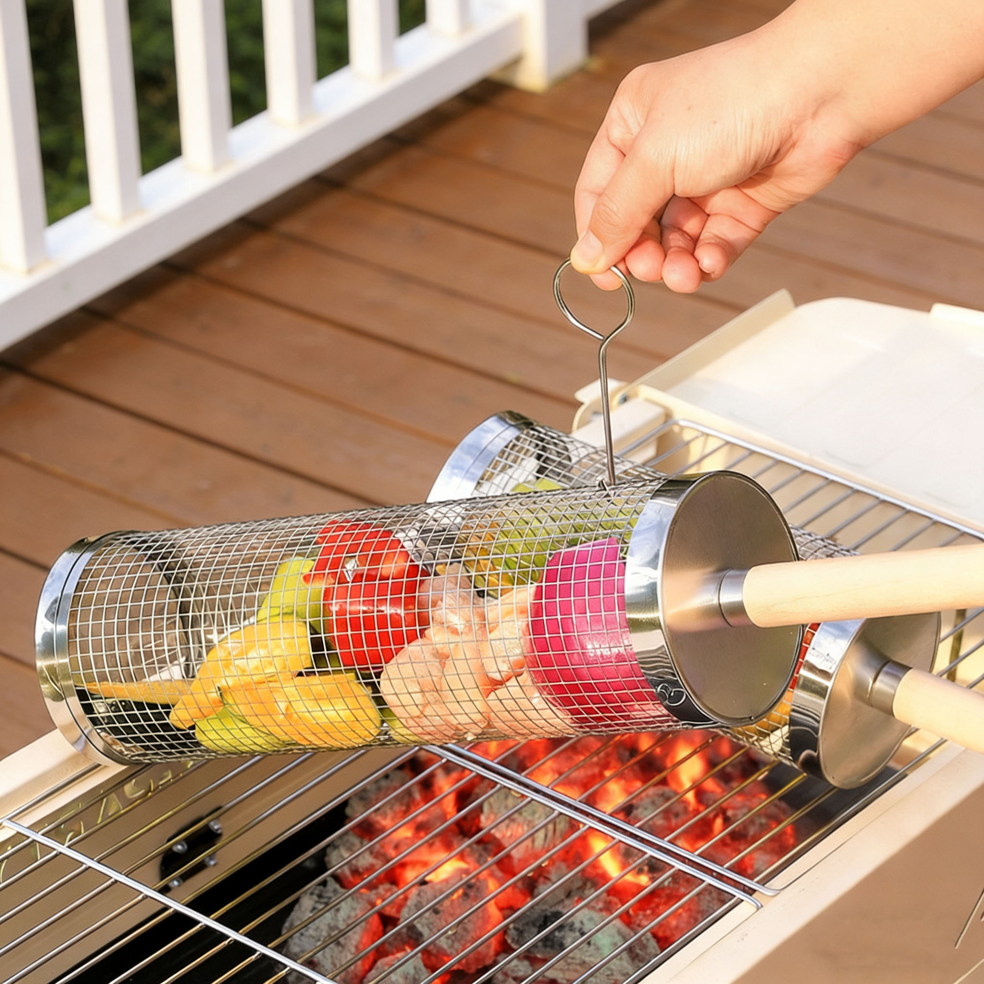 Rolling BBQ Cage Wooden Handle Outdoor Picnic BBQ BBQ Basket Round Rotating BBQ Rack Portable BBQ Net Cross-Border 2