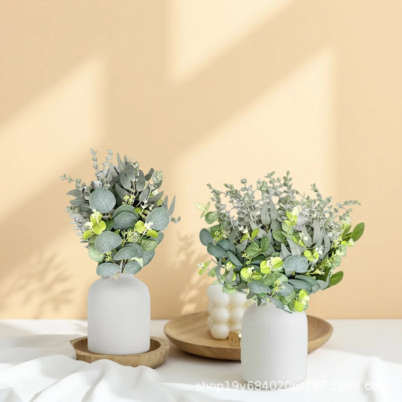 Simulación transfronteriza de plantas verdes, hojas de dinero, plantas artificiales, hojas de eucalia, adornos de hojas, decoración de plantas verdes falsas al por mayor.