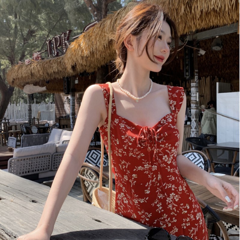 ドロップシッピング 2025 夏の新しいスタイルの海辺の休暇女性のための小さな赤いサスペンダー花柄ドレス|undefined