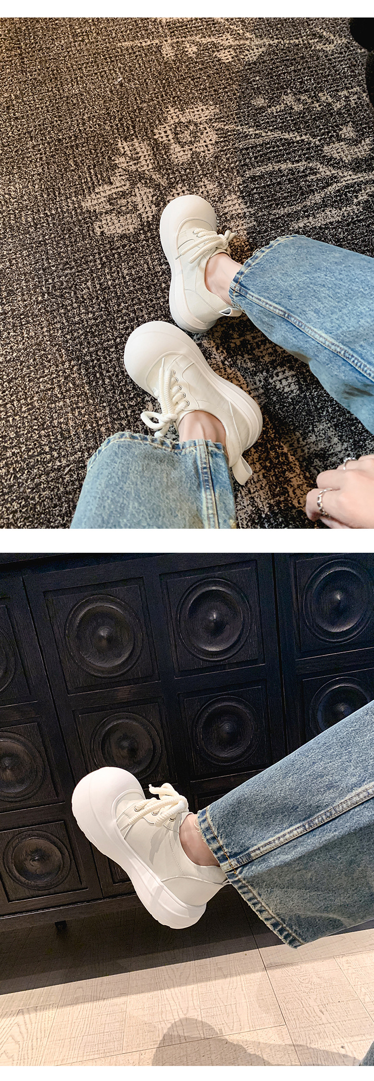 Giày sneaker nữ đế dày chunky mũi to phong cách bánh mì dây buộc tăng chiều cao — màu đen, màu hồng, màu trắng chi tiết 24