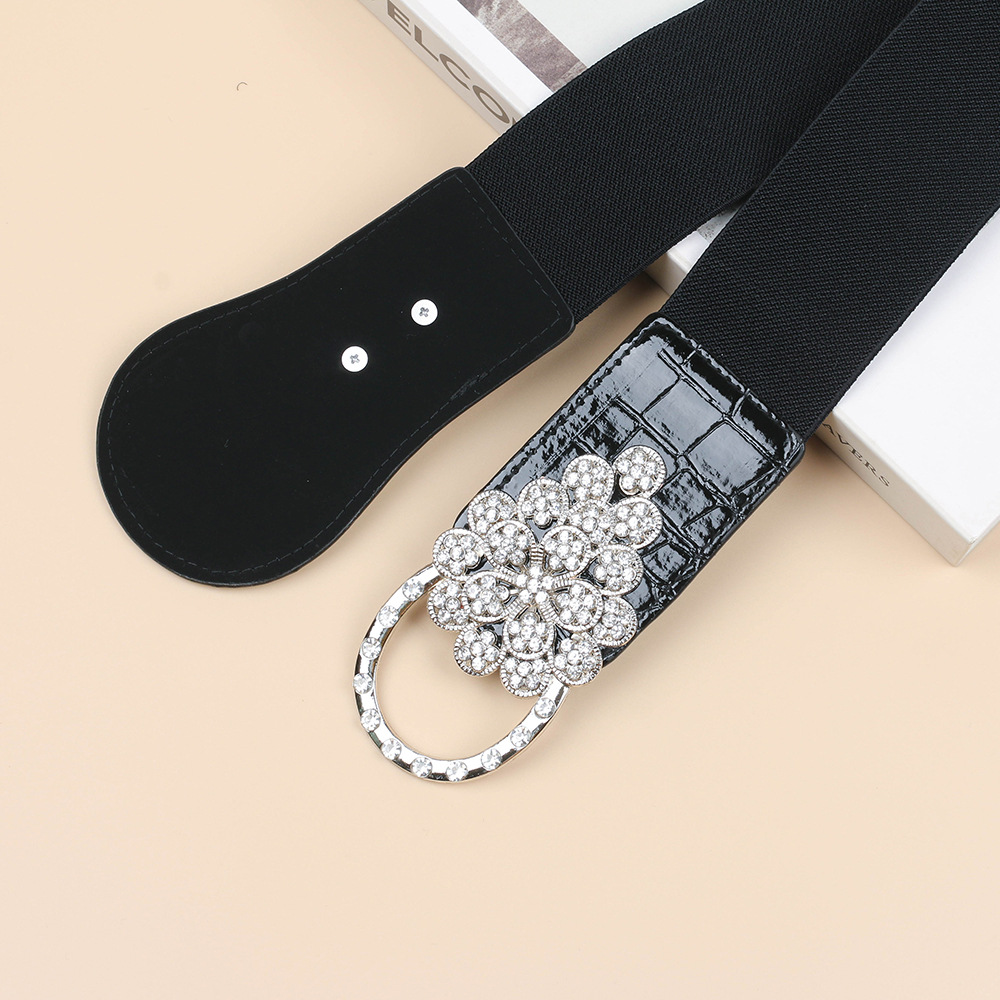 Cintura larga elastica nera alla moda da donna con decorazioni di diamanti, vestito, cappotto, chiusura in vita, strass, ragazza alla moda e paffuta_voghion.com