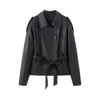 Pu皮革皮衣女短款2025秋季新款仿皮夹克外套系带收腰显瘦机车服潮