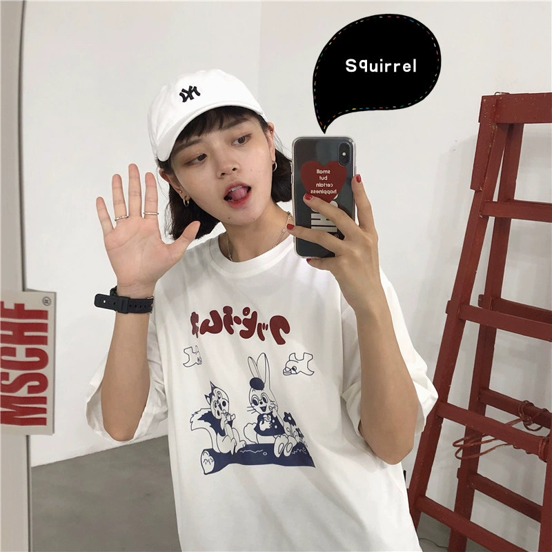 2025 ленивый ветер мультфильм милый Харадзюку ulzzang свободная хлопковая футболка с короткими рукавами
