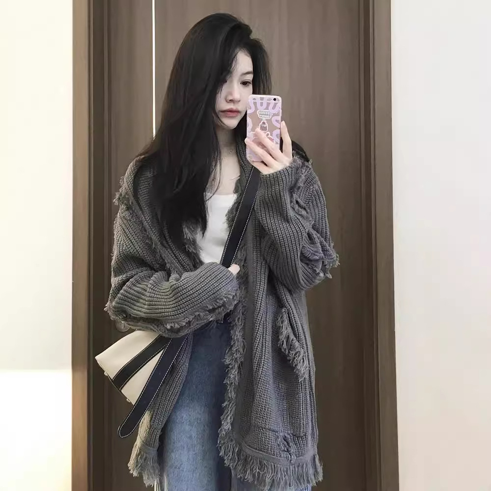 Knitted Sweater for Women, Autumn and Winter 2025 New Style, Lazy Style with Frayed Edges and Tassels, Loose Long-Sleeved Cardigan Top Jacket