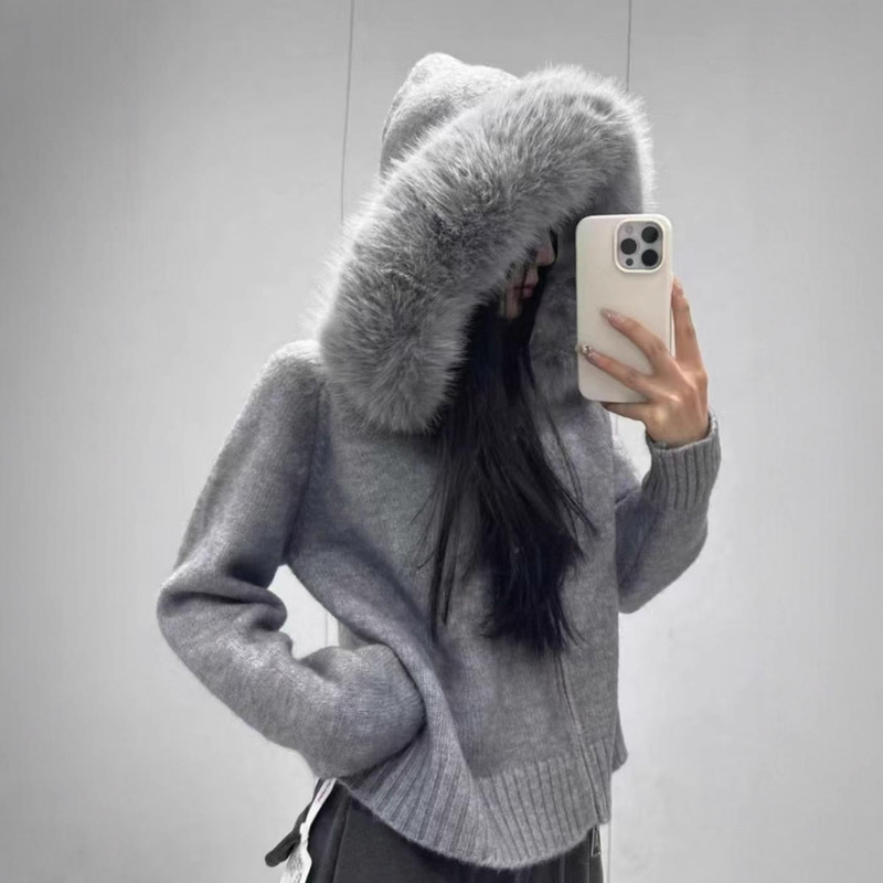 High-End Large Fur Collar Women's Hooded Knitted Jacket, Chanel-Style Cardigan, Autumn and Winter New Long-Sleeved Sweater for Women