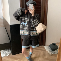 秋冬新款撞色提花针织套装半身裙学院风时尚减龄女装毛衣开衫外套