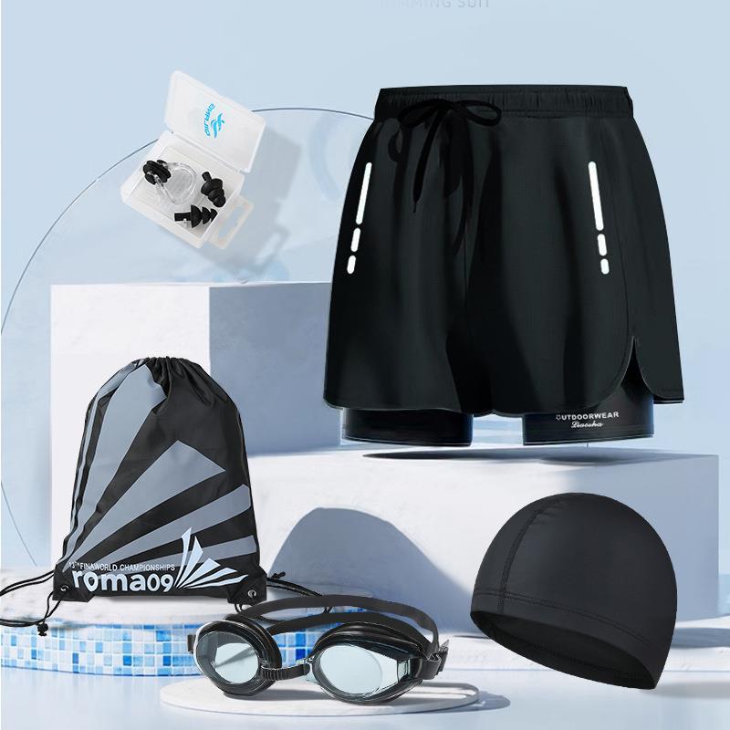 블랙 (수영복 + 수영모 + 수영 고글 + 비치백 + 코 클립 귀마개)