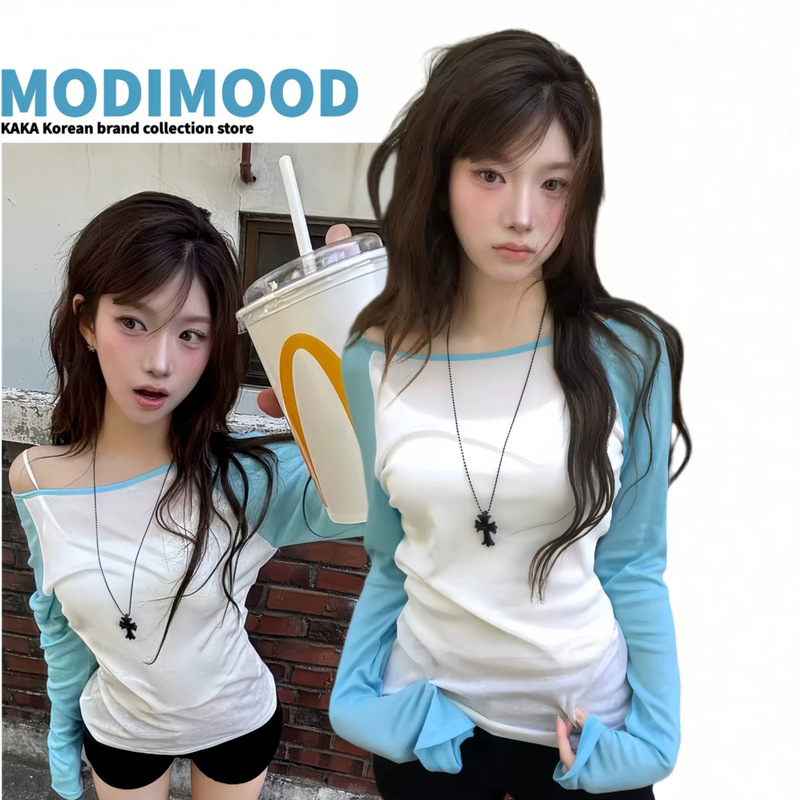 Korean niche brand Modimood off-shoulder long-sleeve T-shirt for women, same style as Kim Joo-eun's Korean top Korean niche brand Modimood off-shoulder long-sleeve T-shirt for women, same style as Kim Joo-eun's Korean top