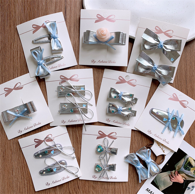 New Children's Silver-Series PU Leather Butterfly Bow Hair Clip for Girls, Side Bangs Hair Clip, Fringe BB Clip, Set of 2 Hair Accessories