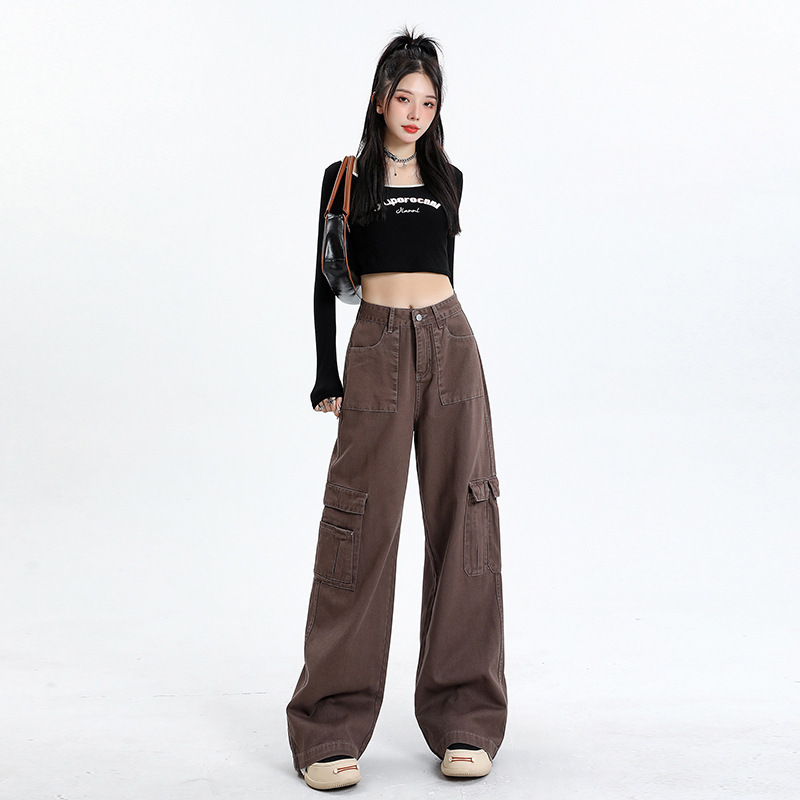 American Crock Pants Curry Color Jeans Women's 2023 New Arrival Autumn All-match Personalized Pocket Spice Girls Casual Wide-leg Pants