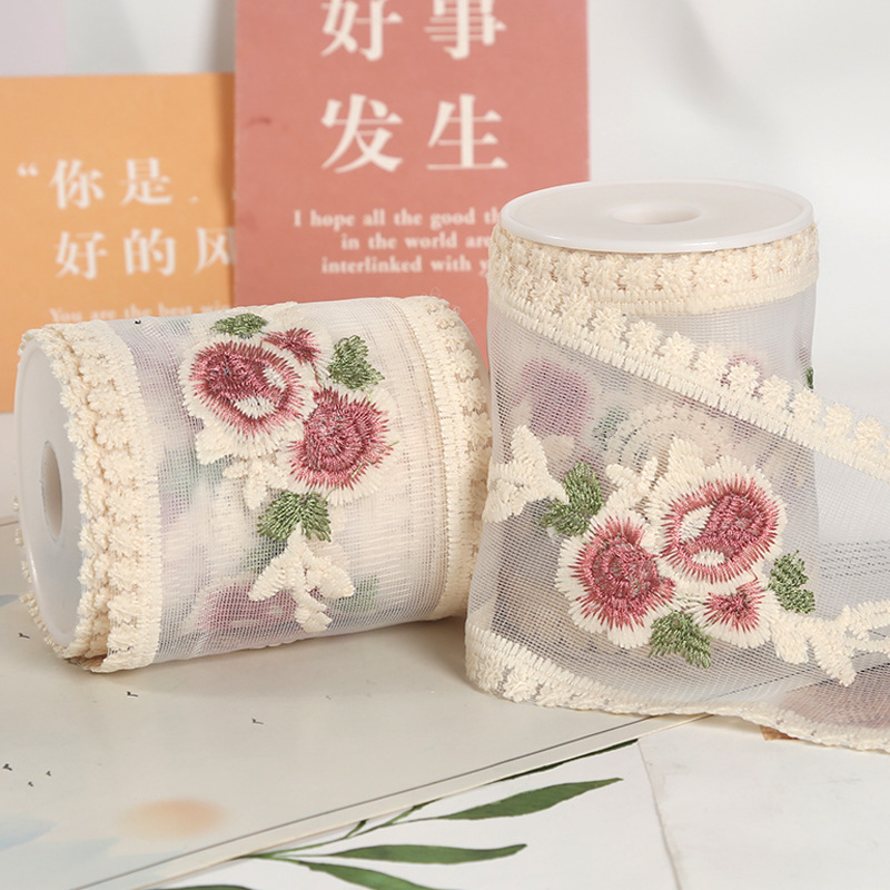 9cm vintage rosa flor bordado encaje accesorios para el cabello cinta DIY hecho a mano arco cinta de encaje embalaje decorativo