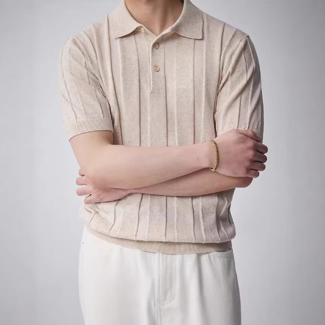 2026 New High-Quality Blended Ice Silk Old Money Style Ribbed Straight Shoulder Turn-Down Collar Short-Sleeve Men's Polo Shirt