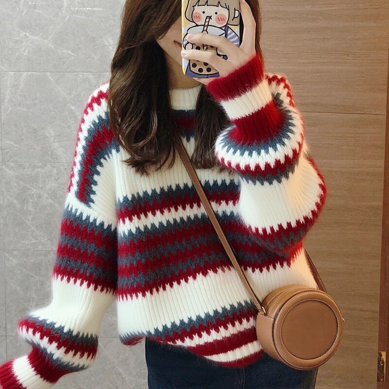 Korean-Style Fair Isle Color-Blocked Round-Neck Striped Knit Sweater for Women, 2025 Autumn and Winter, Lazy Loose Red Christmas Top Korean-Style Fair Isle Color-Blocked Round-Neck Striped Knit Sweater for Women, 2025 Autumn and Winter, Lazy Loose Red Christmas Top
