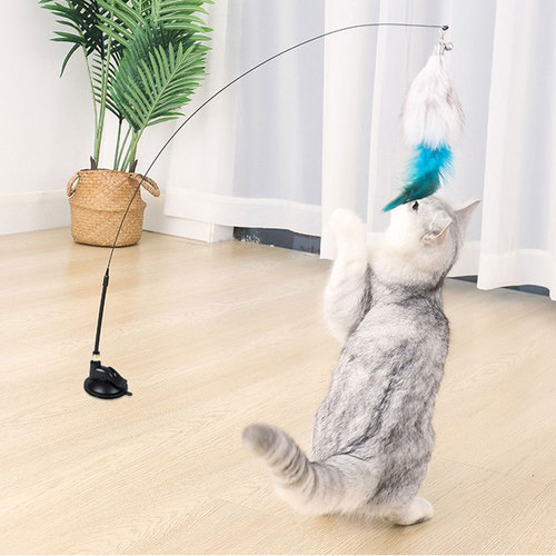 Suction cup cat teaser stick wholesale cat toy telescopic pole replaceable feather bell long pole cat self-pleasure pet supplies