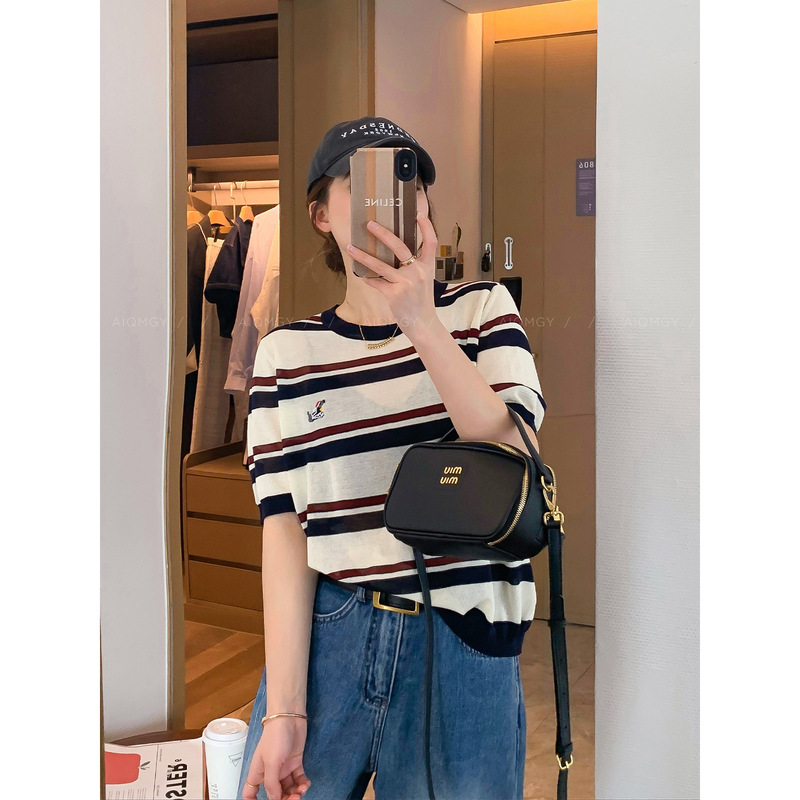 Striped Mid-Sleeve Round Neck Sweater T-Shirt for Women 2025 Summer New Loose Slimming Top Striped Mid-Sleeve Round Neck Sweater T-Shirt for Women 2025 Summer New Loose Slimming Top
