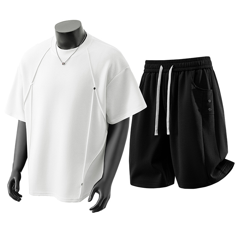 Men's Short Sleeved Suit Cleanfit Crew Neck T-Shirt High Street Patchwork 3D Studs Premium Feel_viptrois.com