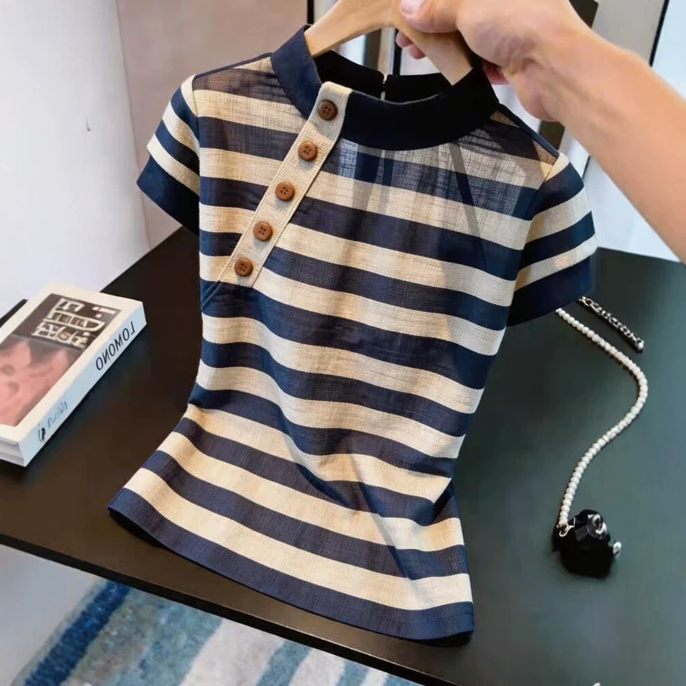 Áo thun nữ cổ tròn sọc ngang tay ngắn phong cách Hàn Quốc — sọc chi tiết 1