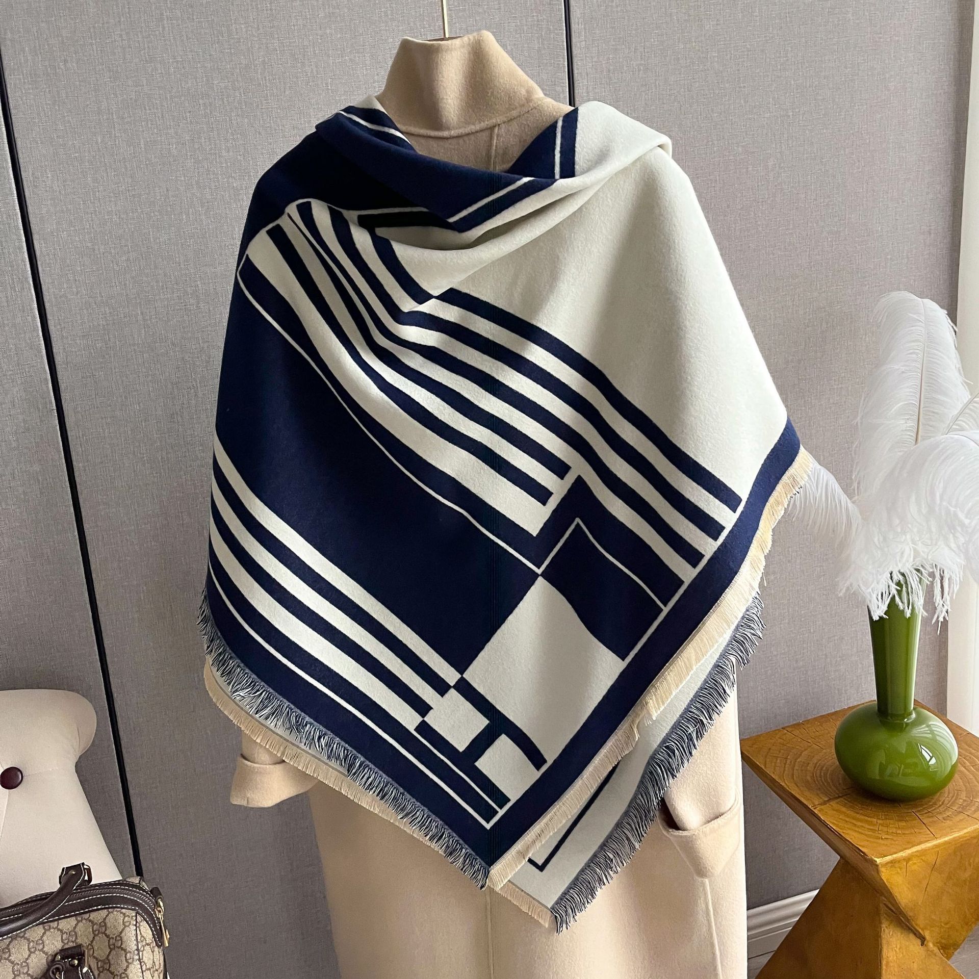2023 Striped Double sided Imitation Cashmere Scarf for Women's Air Conditioning Shawl with Outer Cape Dual purpose Warm_voghion.com