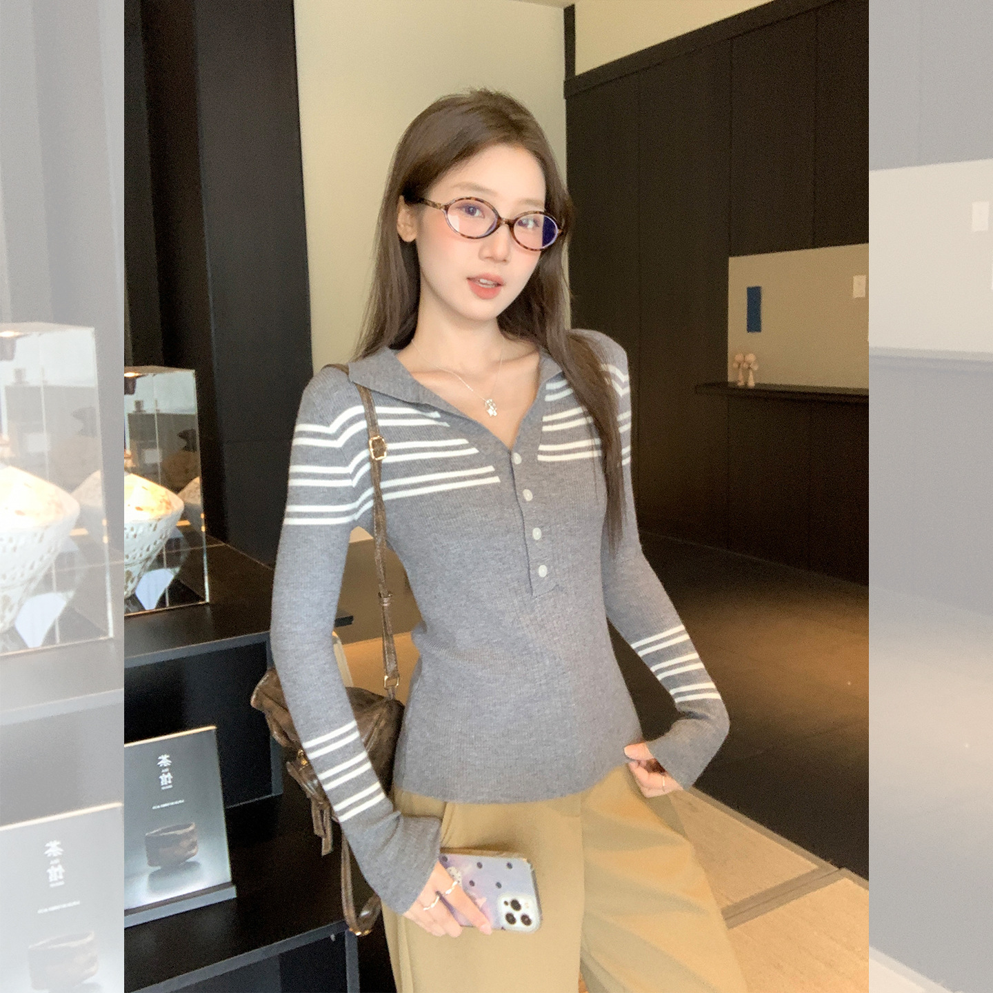 Gray Striped Lapel Knit Sweater Long-Sleeve T-Shirt for Women 2026 Autumn and Winter Outfit Slim-Fit Button-Up Inner Layer Top