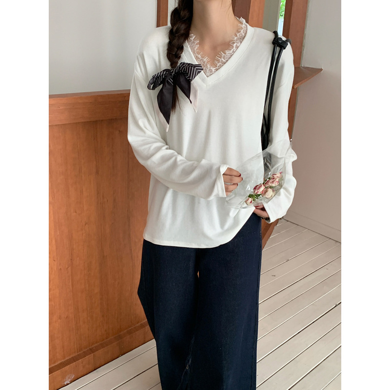 GAGD Autumn and Winter Lace V-Neck Long-Sleeved Base T-Shirt Women's Korean-Style Pure Loose Casual All-Match Top T-Shirt