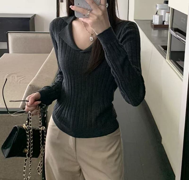 复古翻领长袖针织衫女秋季薄款修身显瘦Polo衫别致气质套头上衣潮|undefined